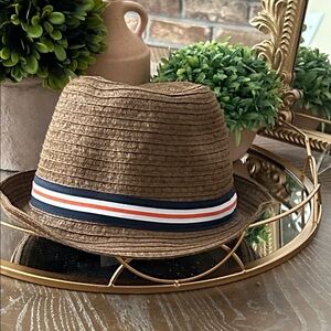 Boys Gymboree Brown Straw Fedora Hat with Blue & Orange Striped Band